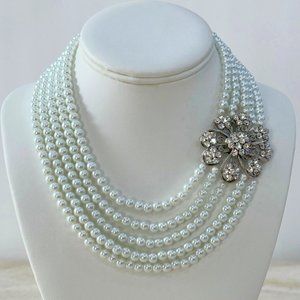Swarovski White Pearls 5 row Necklace with side CZ Flower Pendant, Handmade
